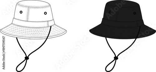 Bucket hats front view, black and white color, fashion sketch, garment template, casual accessory, vector design, apparel illustration