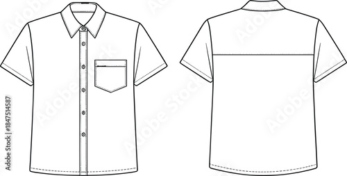 Button-up shirt sketch, short sleeve technical drawing, front and back view, fashion template, apparel design, garment vector, outline, mockup