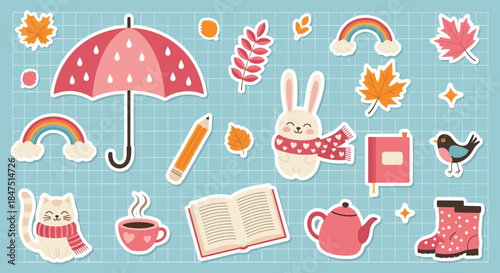 Cute Autumn Sticker Collection with Cozy Elements and Fall Decorations.
