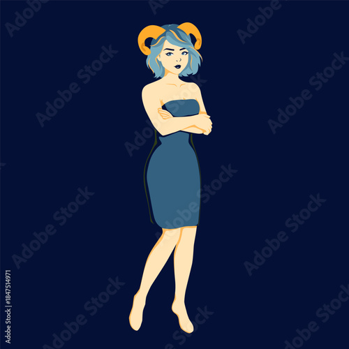 A cute girl in a dress with golden ram horns on her head. Zodiac sign: Aries. Vector illustration.