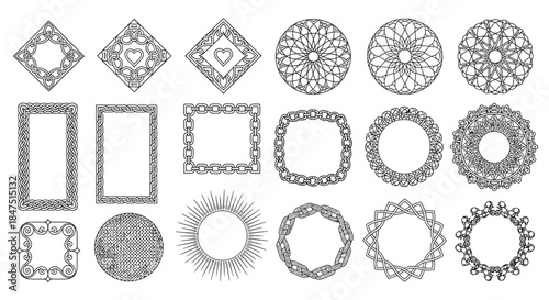 Collection of decorative geometric frames and ornamental elements.