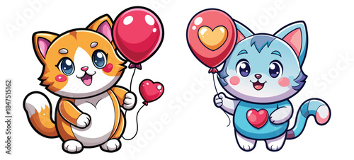 Funny cartoon illustration of a dog and cat celebrating a birthday with a bone, teddy bear, and colorful balloons in a heart filled vector art style