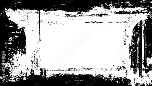 Abstract grunge background with worn brush texture, black frame texture. Vector design.