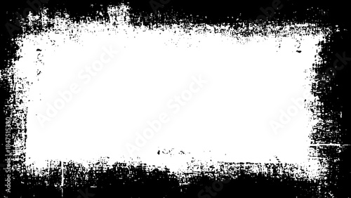 A white paint splatter on a black frame background, a white square with a black border, rectangular frame black frame copy space banner