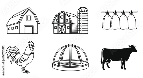 Farm buildings, a rooster, a feeder, and a cow are depicted in this illustration.