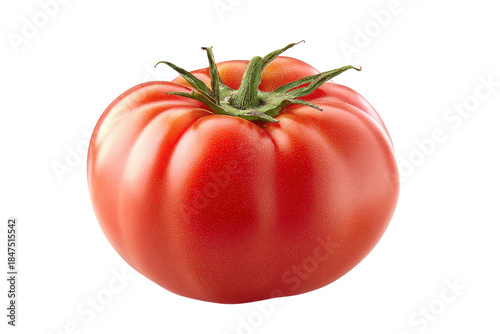 Vibrant red ripe beefsteak tomato with green stem and natural texture isolated on transparent background