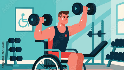 Illustration Of Determined Athlete In A Sports Wheelchair Is Lifting Weights In A Home Gym Vector Design Template