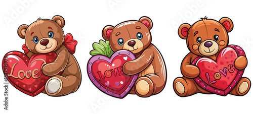 Cute brown teddy bear sitting with a sweet smile and holding a red heart, a soft toy animal illustration perfect for a Valentine gift or baby childhood character drawing vector