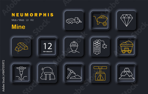 Mine set icon. Displays gold bars, diamonds, wheelbarrow, dynamite, pickaxe, hardhat, tunnel, drill, dump truck, mineral pile, warning valve, cart with ore