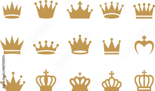 Crown icon set, gold vector crowns, royal symbol collection, flat design, minimalist style, heraldic emblem, monarchy illustration