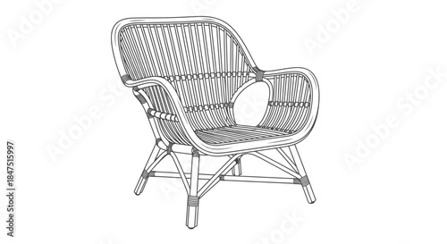 A wicker armchair is depicted in a line drawing on a white background.