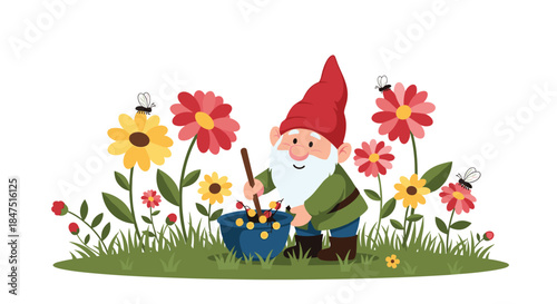 Charming Garden Gnome Tending to Flowers with Bees Flying Around.