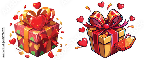 Red heart and gift box with gold ribbon and bow isolated for a Christmas holiday celebration or Valentine's Day surprise