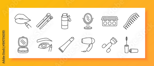 Makeup set icon. Lipstick, brush, cream, mirror, palette, comb, powder, eye, mascara, dryer, roller, cosmetic, fashion, beauty, skin, tool, care, color, woman, product