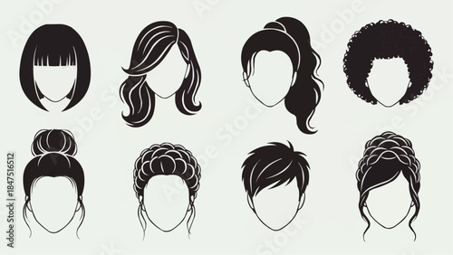 Diverse graphic vector collection showcasing various female hairstyles bobs, waves, ponytails, updos, and afro, perfect for beauty and fashion design elements