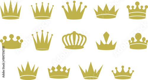 Gold crown icon set, royal symbol collection, decorative vector crowns, luxury emblem pack, monarchy design elements, regal graphics