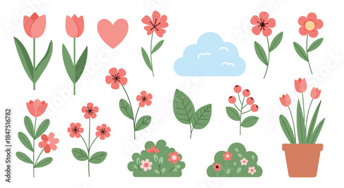 Vibrant Spring Flower Collection with Tulips Bushes and Leaves.