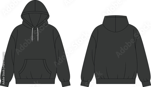 Hooded sweatshirt flat sketch, kangaroo pocket, front back view, fashion template, technical garment illustration, apparel design vector