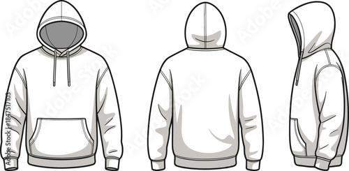 Hoodie technical sketch, fashion flat drawing, apparel vector template, garment construction view, clothing design outline, front back side