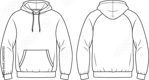 Hoodie technical sketch, front and back view, fashion flat drawing, garment template, sweatshirt illustration, apparel design, vector outline, raglan sleeve