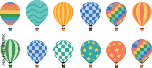 Hot air balloon icon set, colorful vector, pattern design, travel symbol, sky adventure, floating graphic, playful style