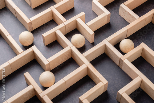 Foto Wooden maze with multiple balls, organizations navigating complex systems, strat