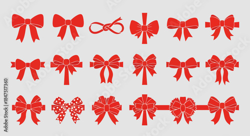 Red Christmas Bow and Ribbon Set, Decorative Gift Knots for Holiday Present, Birthday Celebration and Wedding Invitation, Vector Illustration Collection of Festive Ornaments