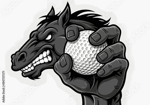 Angry Horse Mascot Holding Golf Ball, Ferocious Stallion or Mustang Head Illustration, Wild Animal Sports Logo and Golfing Tournament Graphic for T-Shirt and Apparel