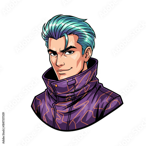 Cyberpunk Anime Man with Blue Hair and Futuristic Purple High Collar Jacket