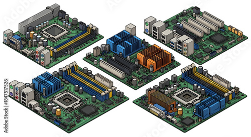 Isometric Computer Motherboard Set with CPU Sockets RAM Slots and Heatsinks