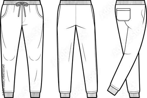Jogger pants technical sketch, front back side view, fashion flat drawing, garment template, apparel design, vector outline, elastic waistband
