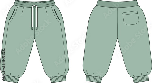Jogger pants technical sketch, front and back view, drawstring waist, patch pocket, cuffed ankle, fashion template, garment mockup
