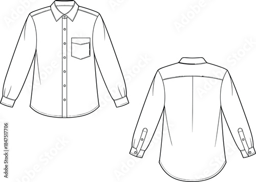 Long sleeve button-up shirt sketch, front and back view, fashion template, apparel design, garment vector, technical drawing, mockup