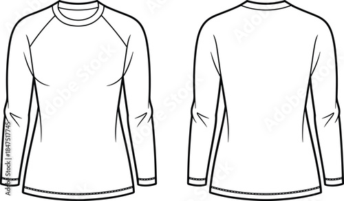 Long-sleeve shirt technical sketch front and back view, raglan sleeve, crew neck, fashion template, garment design, apparel illustration