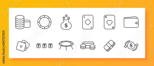Casino finance set icon. Chip, wallet, card, dice, money, slot, jackpot, bet, game, prize, token, gambling, play, cash, exchange, coin, luck, reward, entertainment, profit