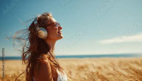 Happy young woman enjoying music in headphones outdoors, feeling freedom and relaxation in summer field