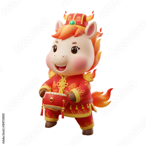 Cute 3D Cartoon Horse Mascot Playing Traditional Drum for Chinese Lunar New Year isolated on a transparent background 