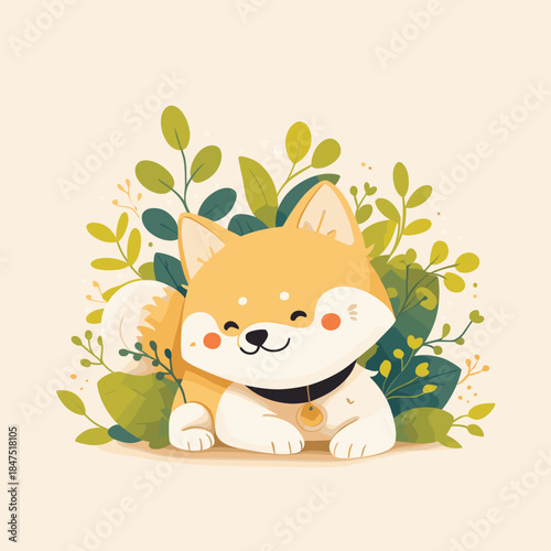Adorable Shiba Inu Puppy Surrounded by Lush Green Foliage.