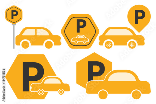 Car parking icon. Simple flat vector illustration of an automobile at a parking lot sign. Symbol for car park, traffic, transportation, or auto service on transparent background.