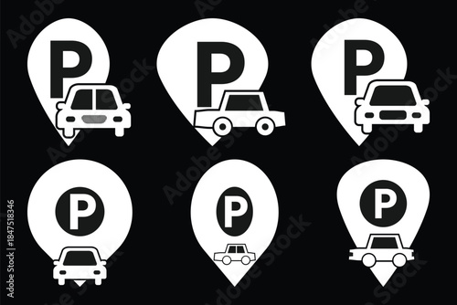 Car parking icon. Simple flat vector illustration of an automobile at a parking lot sign. Symbol for car park, traffic, transportation, or auto service on transparent background.