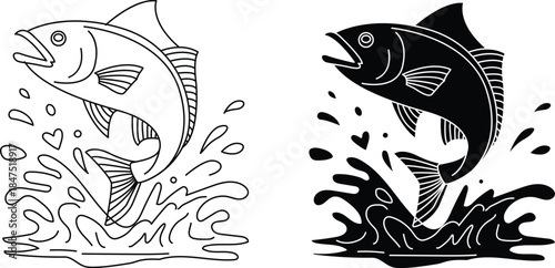 A leaping fish in black and white with water splashes and a heart detail