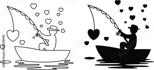 A fisherman in a boat reels in a heart shaped lure from the water, Fishing lover design elements