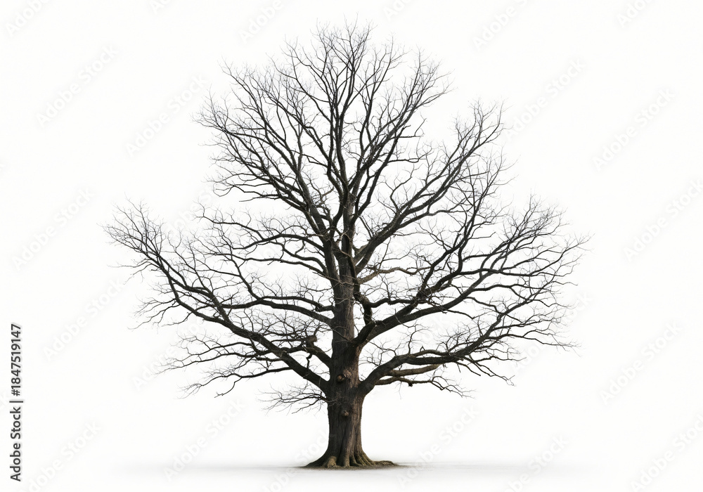 Obraz premium Big tree stands tall, its bare branches reaching up, isolated on white background 