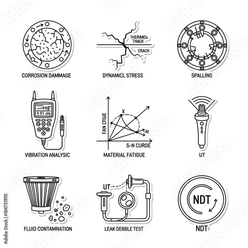 A comprehensive set of linear icons illustrating non-destructive testing (NDT) methods, material degradation, and industrial inspection for quality control.