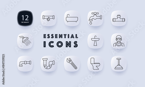 Plumbing set icon. Pipe, faucet, plunger, wrench, bathtub, toilet, shower, valve, sink, plumber, water flow in outlined soft square style visual layout.
