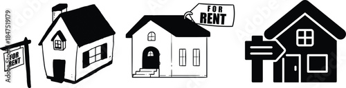 Buy property, online listing and lease agreement vector symbols. House for sale and home for rent icons. Ideal for announcements, rental advertisements and home rental business visuals.