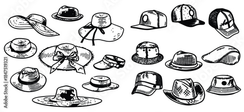 Vintage summer hats collection featuring elegant retro headwear for men and women.  suitable for fashion branding, posters, editorials, and stock illustration use.