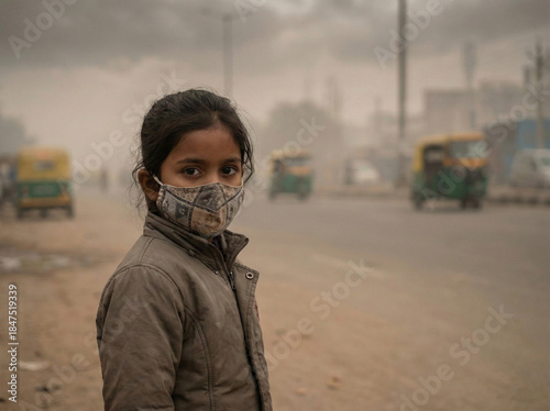 young indian girl wearing face mask in polluted haze with soft blurred background and copy space for air quality and health awareness
