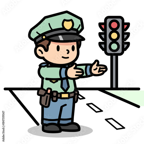 Friendly police officer directing traffic with a smile on a city street