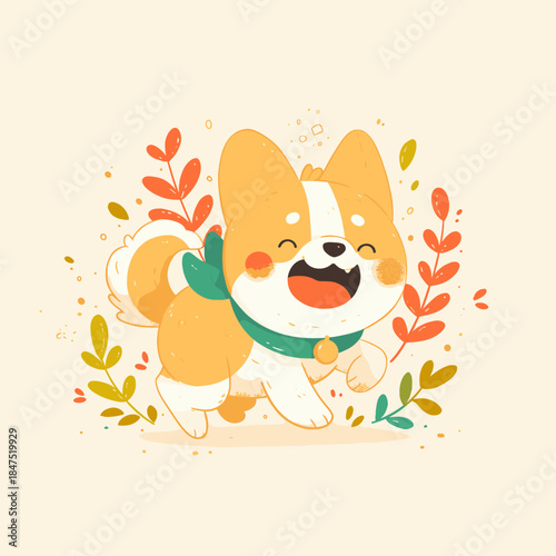 Happy Corgi Dog Running Through Autumn Leaves Illustration.